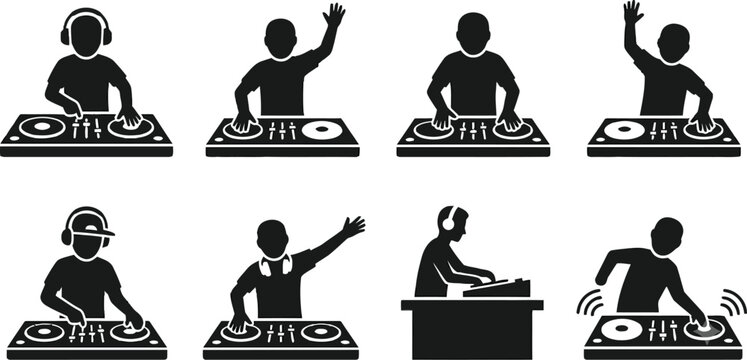 Djs And Dancing People Silhouettes Black Vector Illustration