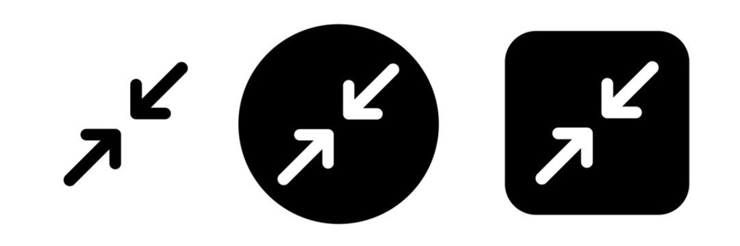 Collapse arrow icon set with exit full screen and restore window symbols. Minimize and shrink display control icons for screen, dashboards, app and web interfaces