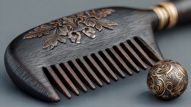 Elegant wooden comb featuring floral engraved design premium beauty images