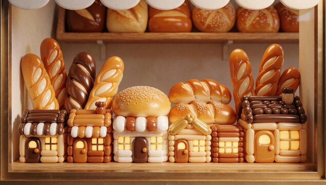 Display case filled various types bread pastries breads arranged row wooden shelf variety shapes sizes left si