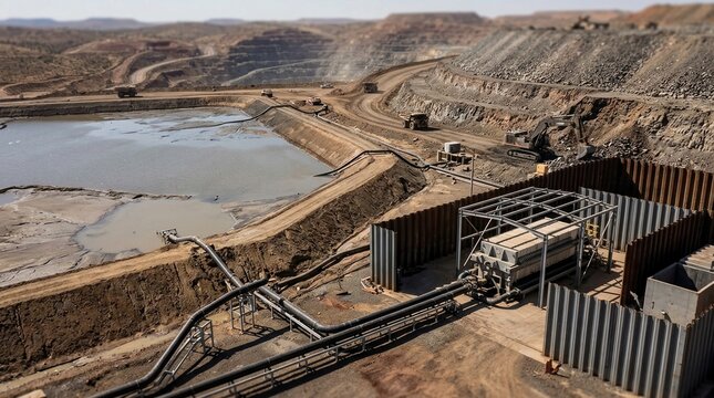 Mining waste management with tailings pond, dewatering filter press, rock stockpile, slurry pipes, and steel containment walls.