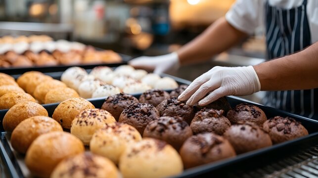 A baker arranges freshly baked pastries on trays including chocolate chip and plain varieties for display or service