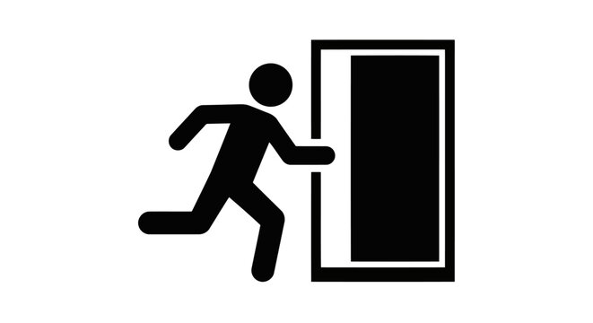 Vector illustration of emergency exit icon with running man entering door symbol for safety concept