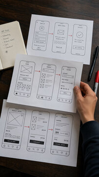 Person analyzing mobile application wireframe sketches for user interface