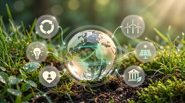 Environmental sustainability ESG concept showing glass earth globe with green energy icons in nature environment