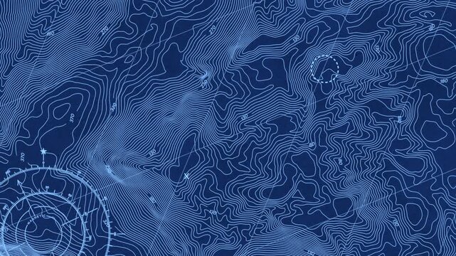 Ocean topographic map with symbols and depth markings, dark blue background