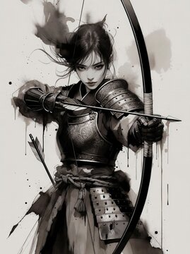 弓を構える凛とした墨絵風の女武者