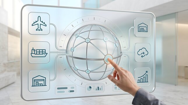 Global supply chain logistics network interface with transparent dashboard managing worldwide freight and warehouse distribution