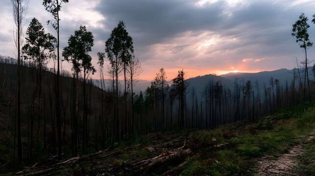 A forest recovering after fire with tall trees standing against a dramatic sunset sky over rolling hills