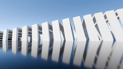 Fototapeta premium 3D render of white modern architectural geometric structure with water reflection against clear blue sky