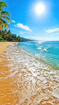 Tropical beach with turquoise water and golden sand under bright sun. Panning shot of ocean waves washing ashore.