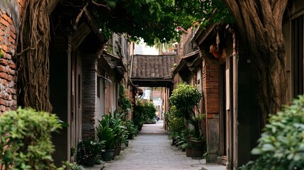 Fototapeta premium A narrow alleyway lined with brick buildings and lush greenery overhead creating a serene and historic atmosphere