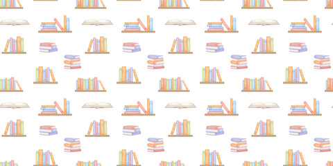 Seamless pattern with books. Childish repeating backdrop for kids. Watercolour isolated illustrations on white background