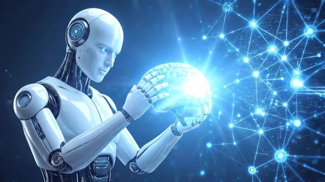 Cyborg holding glowing human brain model in front of neural network interface. Concept of artificial intelligence and machine learning. Panning shot.