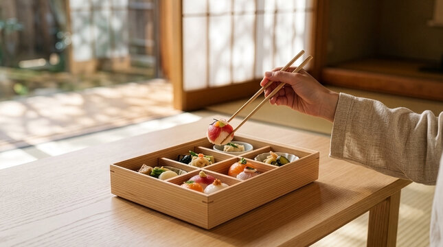 Elegant Spring Afternoon, Enjoying Temari Sushi in a Shokado Bento