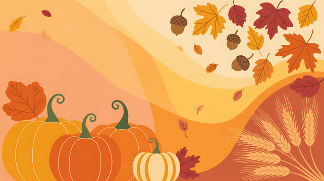 Colorful autumn pumpkins and leaves with decorative squirrels in warm orange background