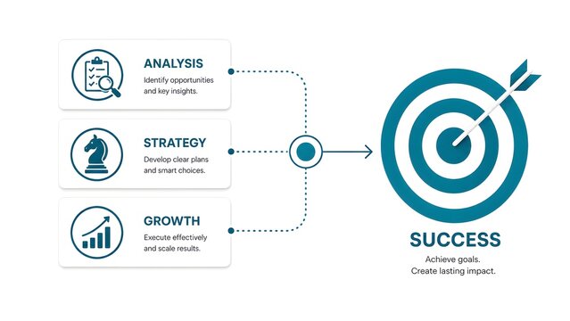 Business strategy infographic, performance analysis growth workflow, target goal achievement roadmap design