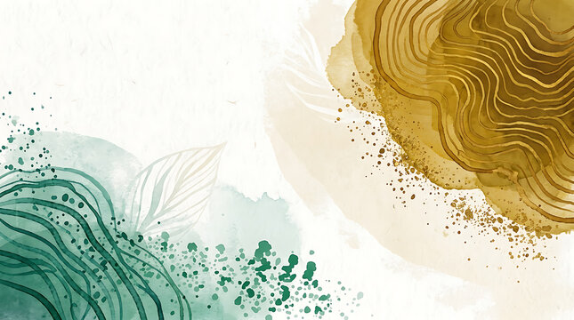 Abstract watercolor texture with golden swirls and green splashes