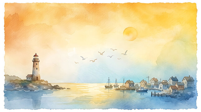 Cozy coastal village with lighthouse by the calm sea at sunset