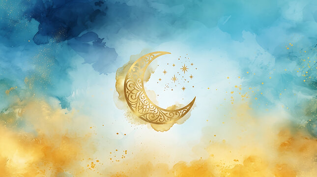 Beautiful golden crescent moon with intricate design and sparkling stars on dreamy watercolor background
