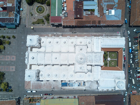 Aerial view of the historic white roof and domes of the Leon Cathedral in the city center of Leon, Leon, Nicaragua.