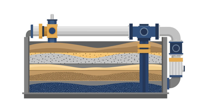 Industrial Water Filtration and Ground Well System Cross-Section with Underground Sediment Layers and Piping Vector Illustration