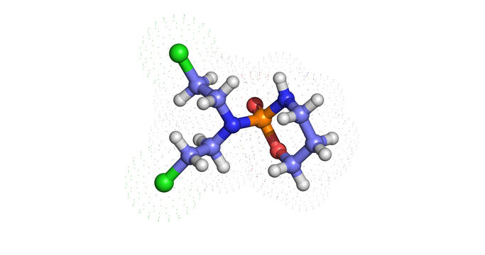 Cyclophosphamide, alkylating chemotherapy agent for cancer treatment, 3D molecule 4K