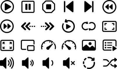 Fototapeta premium Media Control Icons Set Featuring Play, Pause, Stop, Rewind, Fast Forward, Repeat, Volume, and Other Multimedia Symbols