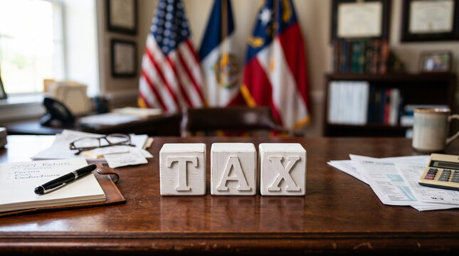 Tax Office Desk: A detailed office desk with the word TAX spelled out in large blocks, surrounded by important documents, a calculator, pen, and American and state flags.
