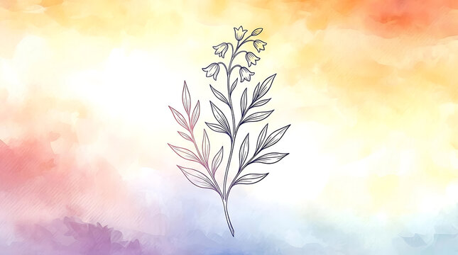 Minimalist sketch of a flowering plant with green leaves and purple flowers on a pastel gradient background