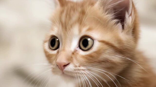 Close up portrait of a cute ginger kitten looking at camera, adorable orange tabby cat face with big eyes, soft focus background, high quality video