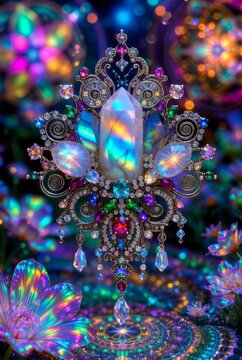 Cristallo magico iridescente con dettagli ornati e fiori olografici luminosi