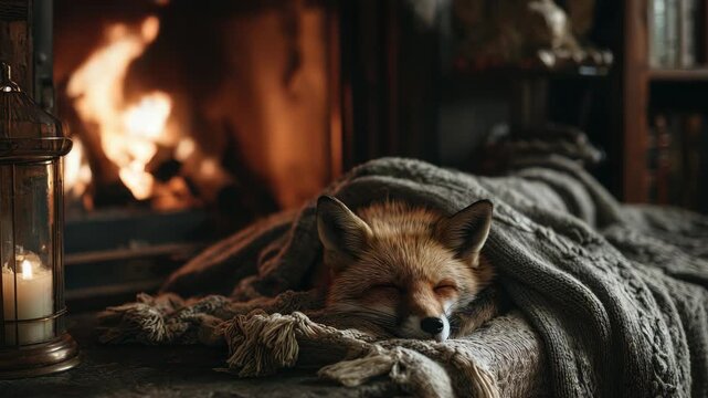 Cute red fox sleeping comfortably under a warm knitted blanket in front of a cozy fireplace with a glowing lantern in a rustic home interior