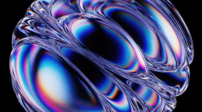 Iridescent liquid metal sphere warps, distorts with shifting holographic colors. Abstract digital art shows futuristic fluid motion, dynamic forms. Modern background for tech or science concepts.