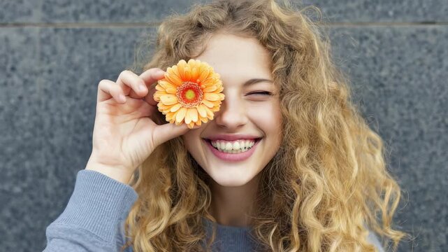 Happy young woman with curly blonde hair holding orange flower over eye, playful portrait of smiling female model posing outdoors in city street