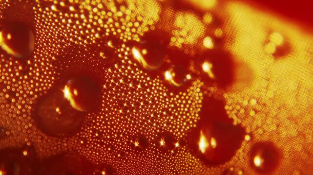 Macro Close Up of Water Condensation Droplets with Sparkling Star Flare in Warm Orange Light