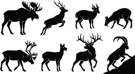 Deer and horned animal silhouette set featuring moose reindeer ibex and stag vector shapes © RurposiRani