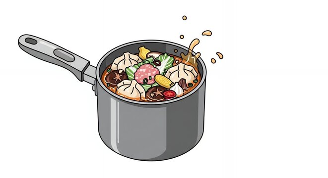 Vector Illustration of Boiling Dumpling Soup in a Metal Saucepan with Mushrooms and Vegetables