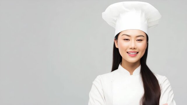 Portrait of a smiling young Asian female chef wearing a white uniform and hat isolated on a plain light gray background for culinary concepts