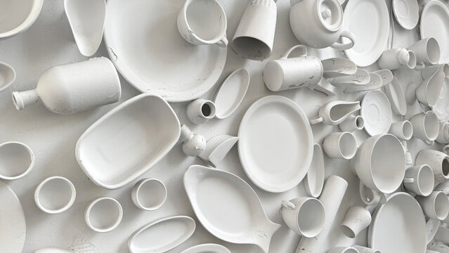 Variety of white ceramic plates and bowls with different shapes hanging on a white wall creating a decorative display
