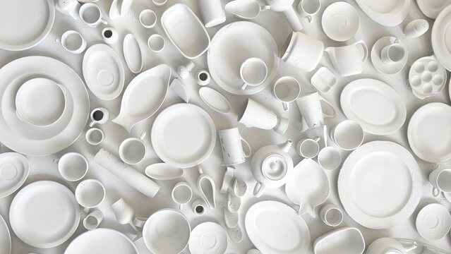 Variety of white ceramic plates and bowls with different shapes hanging on a white wall creating a decorative display