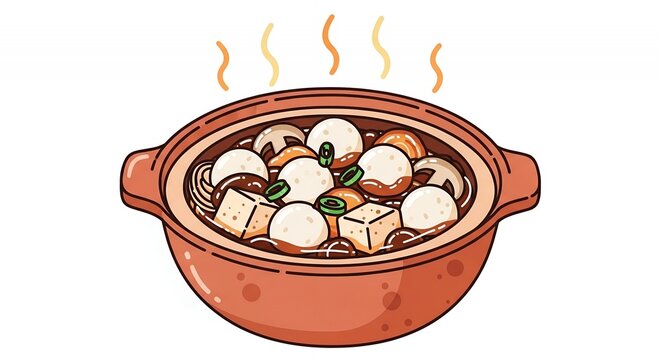 Cute Cartoon Illustration of Traditional Japanese Nabe Hot Pot with Meatballs Tofu and Vegetables in a Steaming Clay Bowl