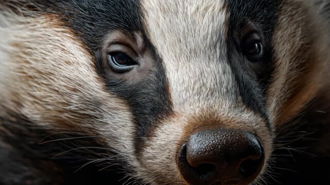 Close up portrait of a European badger face showing detailed fur texture and expressive dark eyes in a natural woodland environment, high resolution