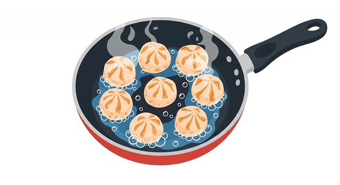 Cooking dumplings in frying pan with steam and bubbles illustration
