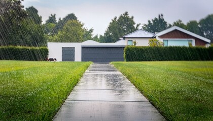 Fototapeta premium heavy rain drenches a concrete path and lush green yard leading to a blurred modern suburban house