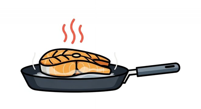 Grilled Salmon Steak Frying in a Pan Vector Illustration Isolated on White