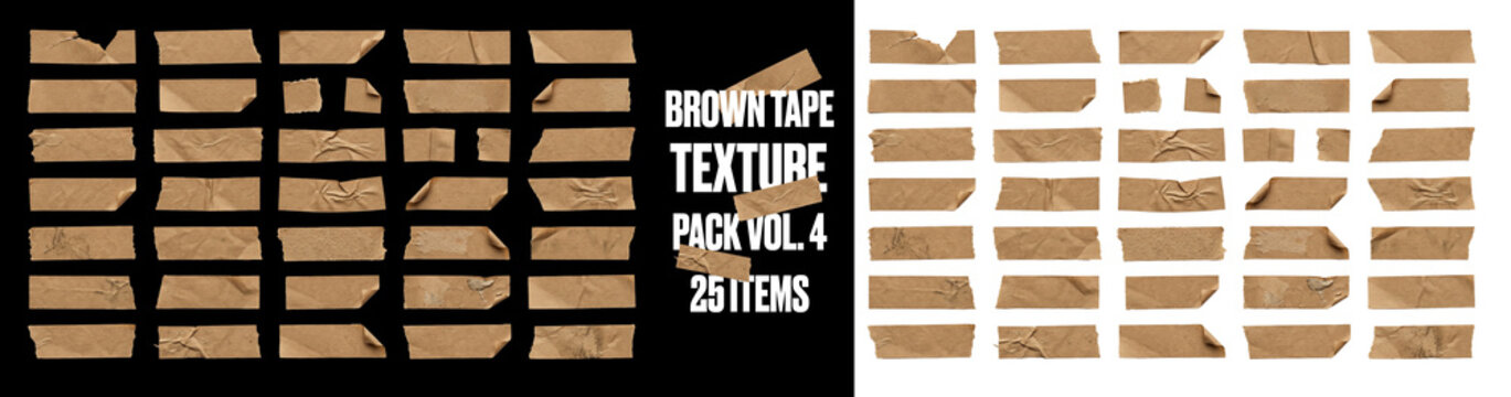 Brown adhesive tape strips collection, realistic kraft paper tape textures with wrinkled edges and ripped corners, isolated set of decorative scrapbook elements for collage, paper art, and graphic