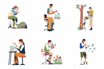 Fototapeta premium Diverse entomologists with prosthetic limbs conducting scientific research on ants in various settings, highlighting disability inclusion and accessibility in STEM careers.