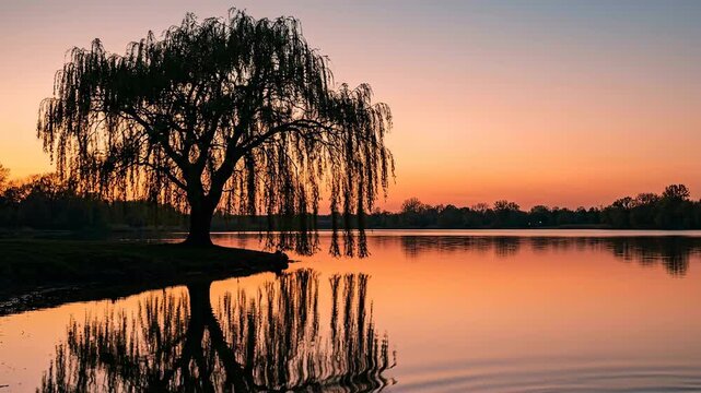 Weeping willow tree by serene lake sunset 4K Video