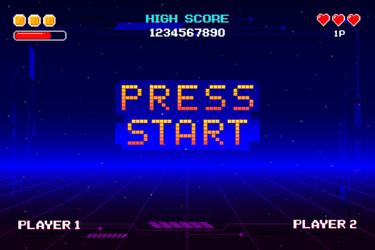PRESS START. pixel art 8 bit. Retro Futurism Sci-Fi Background. glowing neon grid and stars from vintage arcade computer games